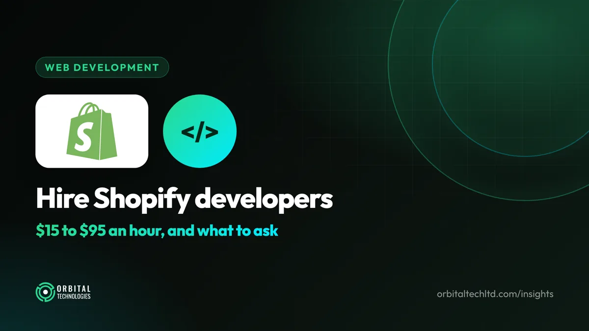 Hire Shopify developers: the Shopify logo beside a code badge, with rates from $15 to $95 an hour and what to ask.
