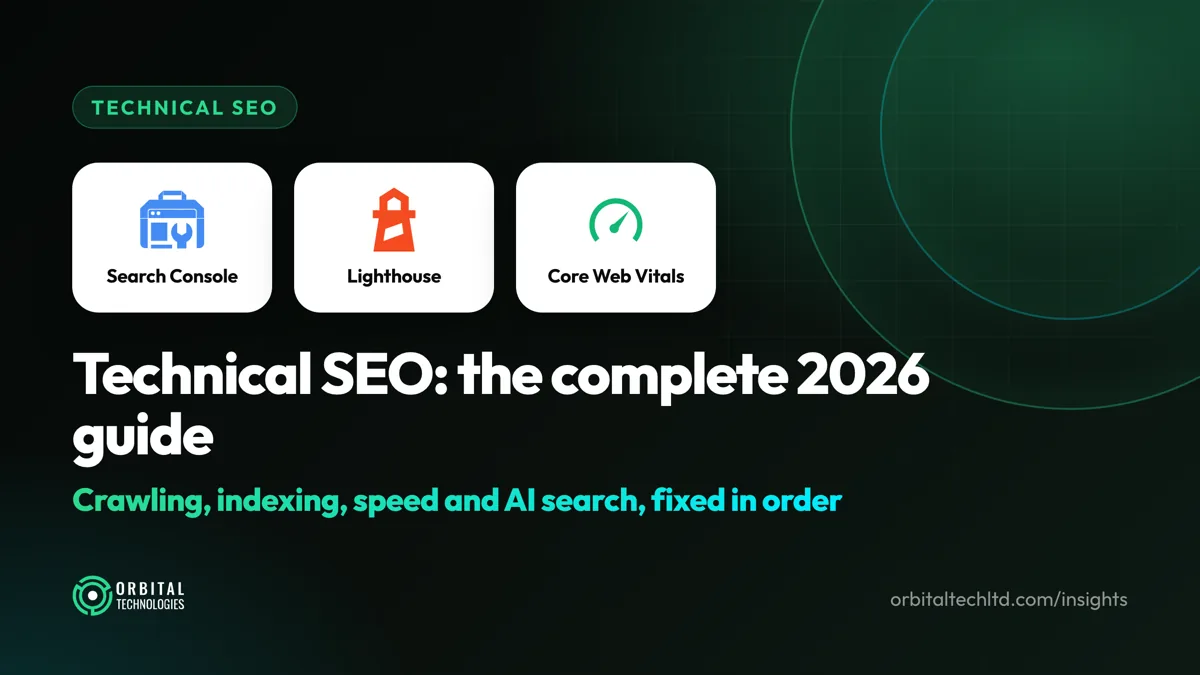 Technical SEO guide: the Google Search Console and Lighthouse logos beside a Core Web Vitals gauge, covering crawling, indexing, speed and AI search.