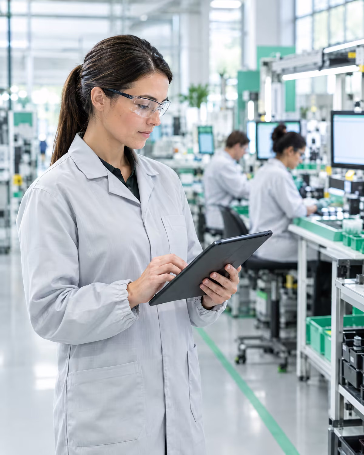 A quality auditor reviewing a tablet in a production facility