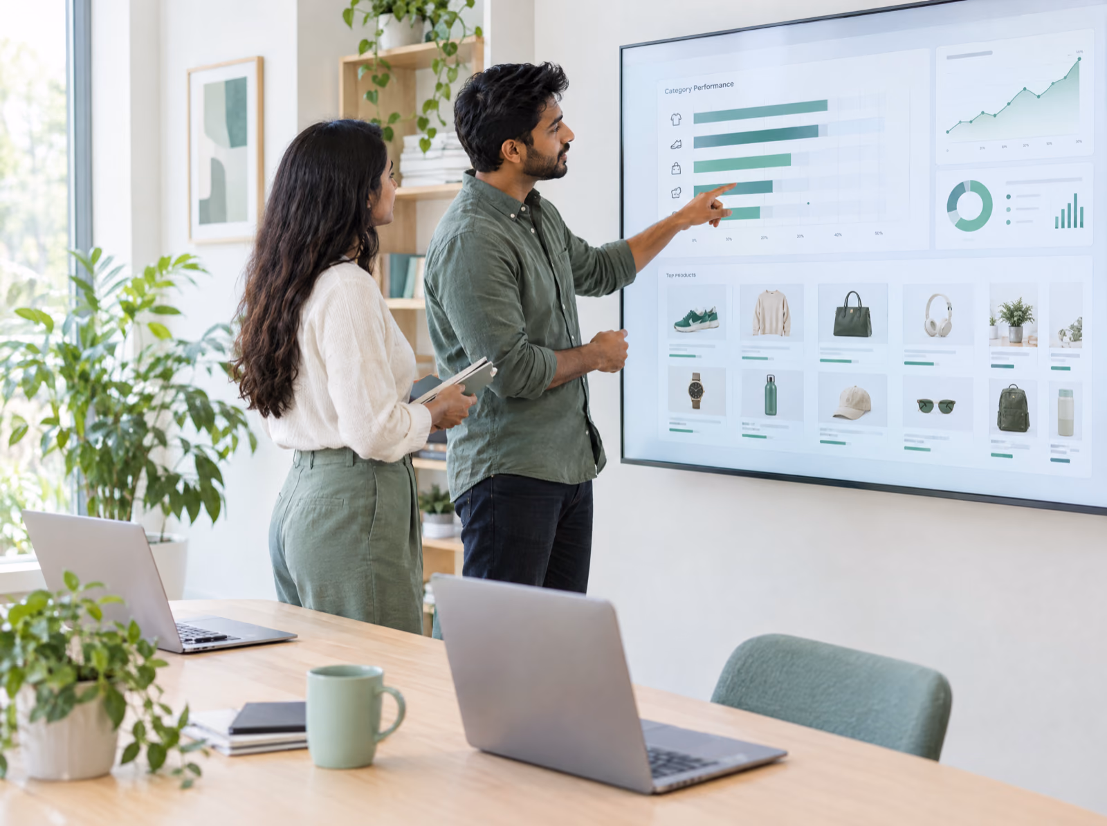 Two marketing analysts discussing an ecommerce category performance dashboard on a wall screen