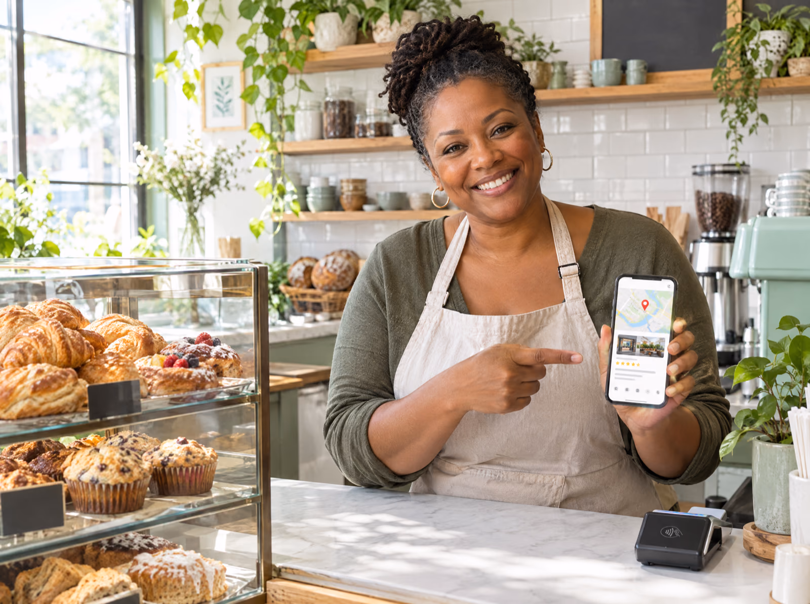 A bakery owner behind her counter showing her business on a local map search on her phone