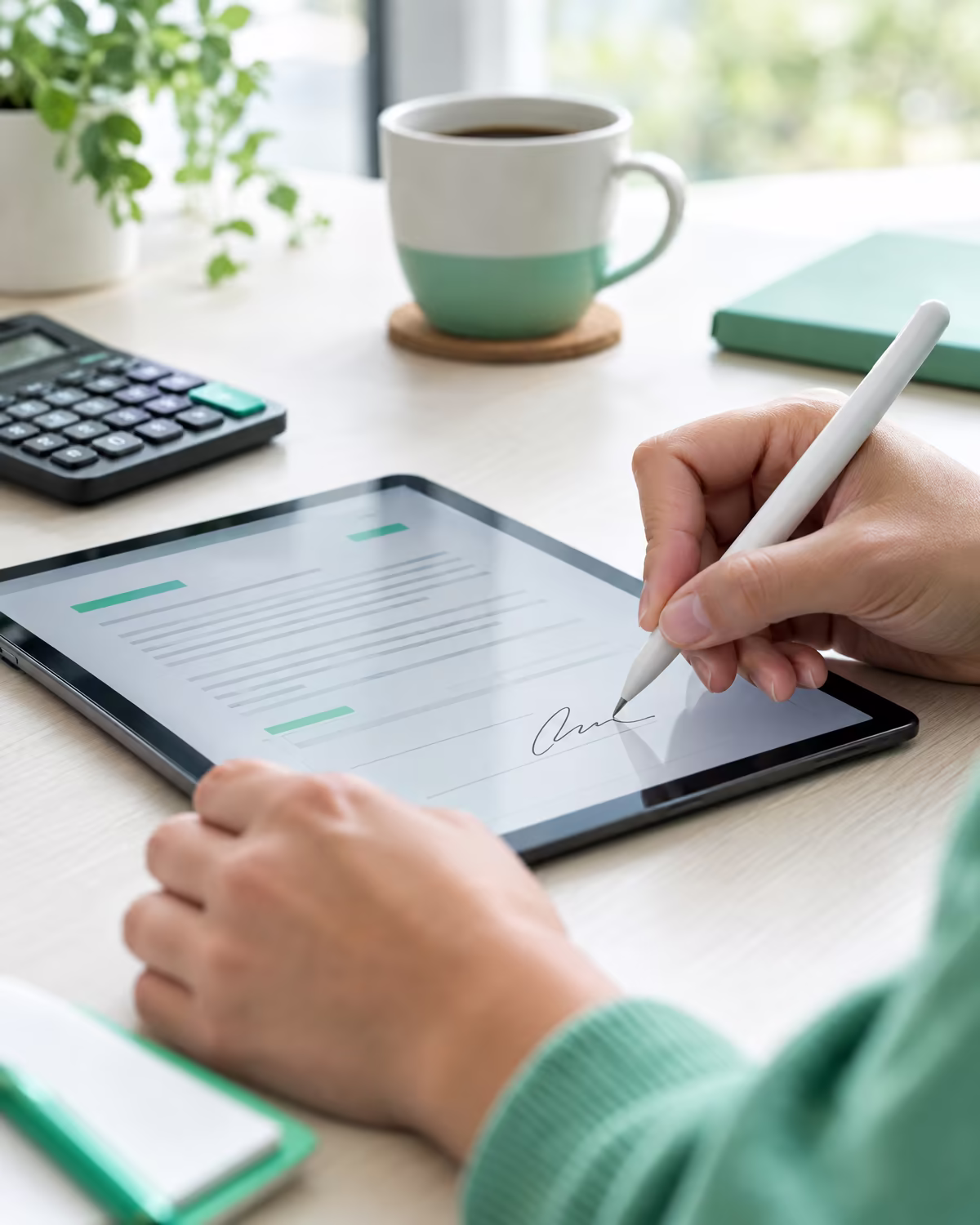 Hands signing a contract on a tablet