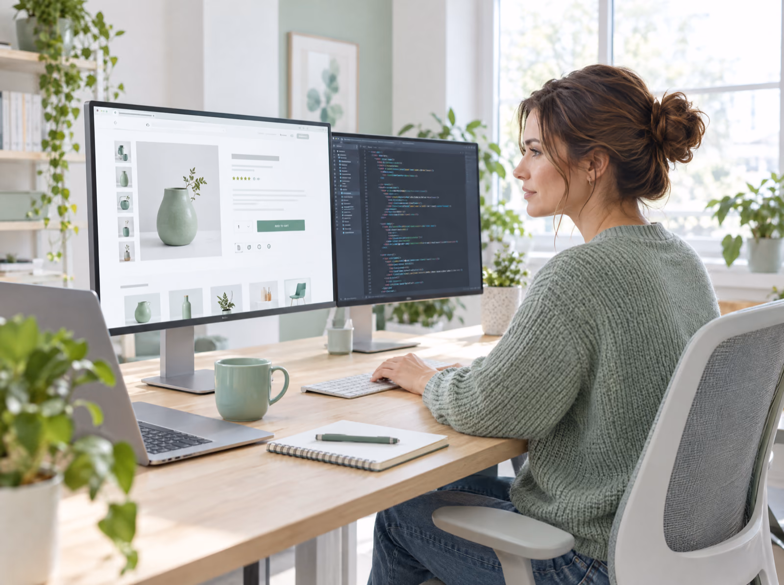 A developer building an online store theme, with a product page on one monitor and theme code on the other