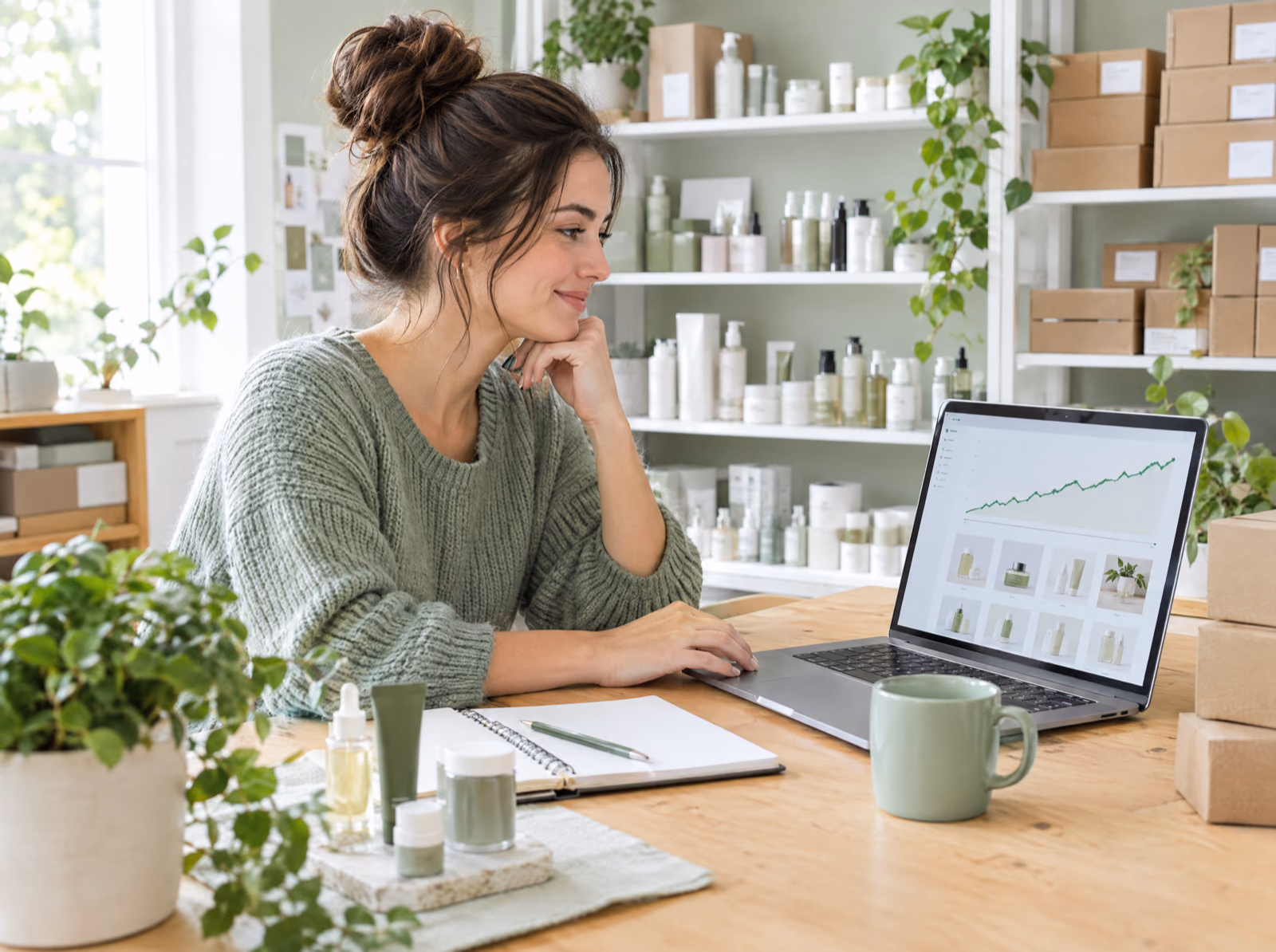 An online skincare store owner checking a rising organic traffic chart on her laptop