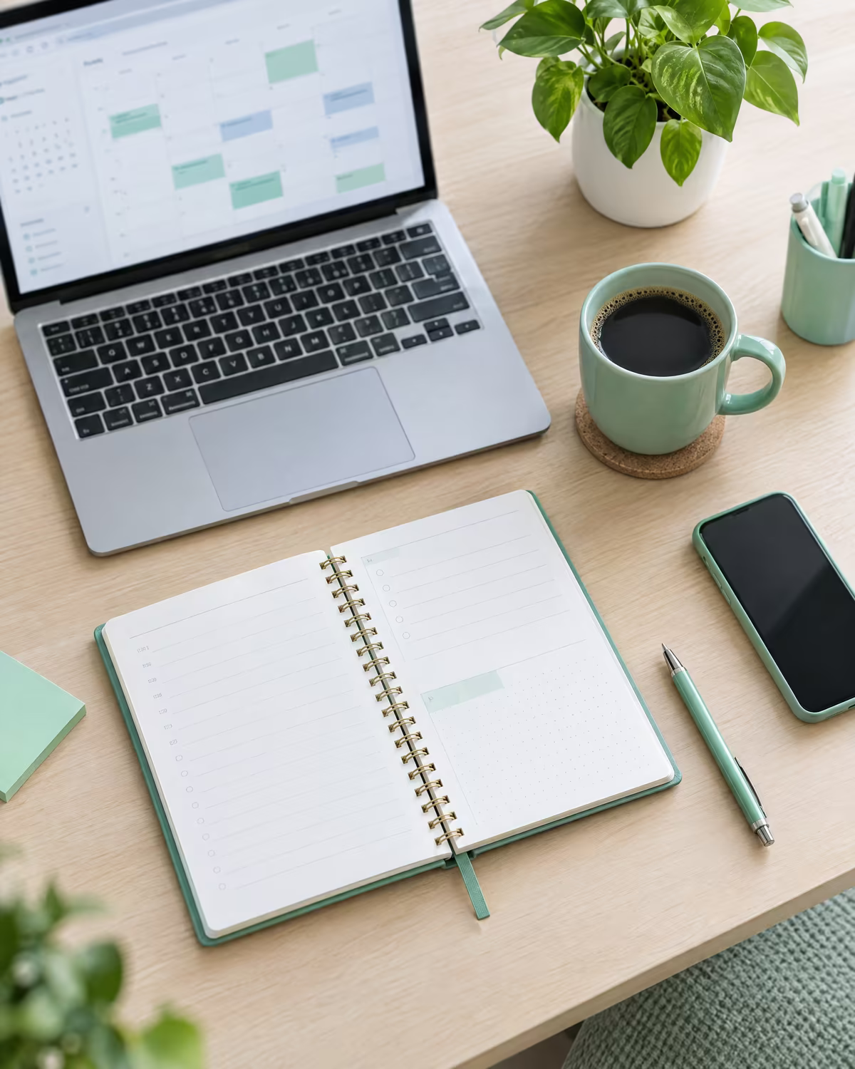 An organised desk with a laptop calendar and planner