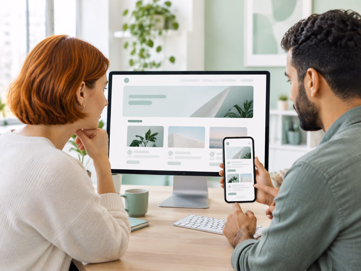A designer and a developer checking a website on desktop and mobile
