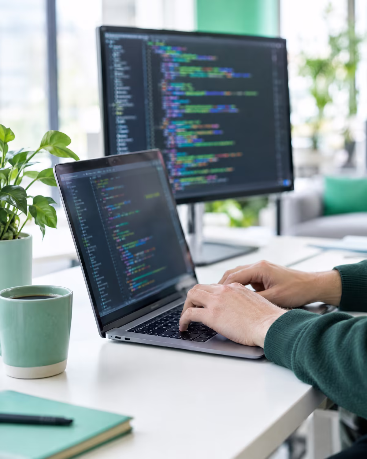 An engineer writing code on a laptop with a second monitor