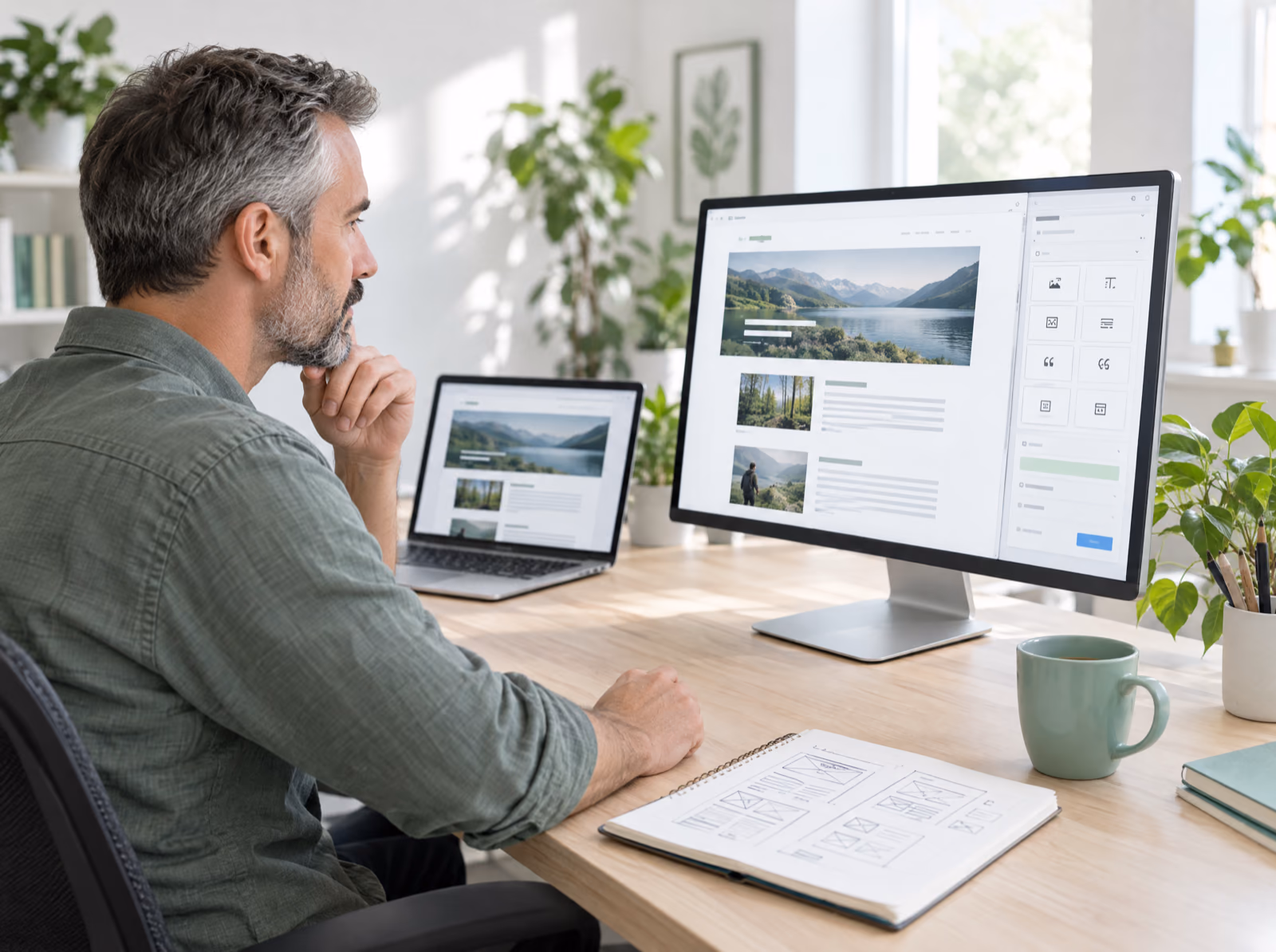 A web developer reviewing a website in a block editor on a desktop monitor, with a staging site on a laptop