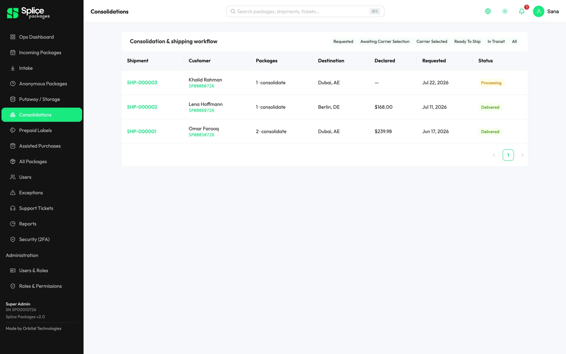 Spiffy consolidations: shipment workflow from request to carrier selection to delivered