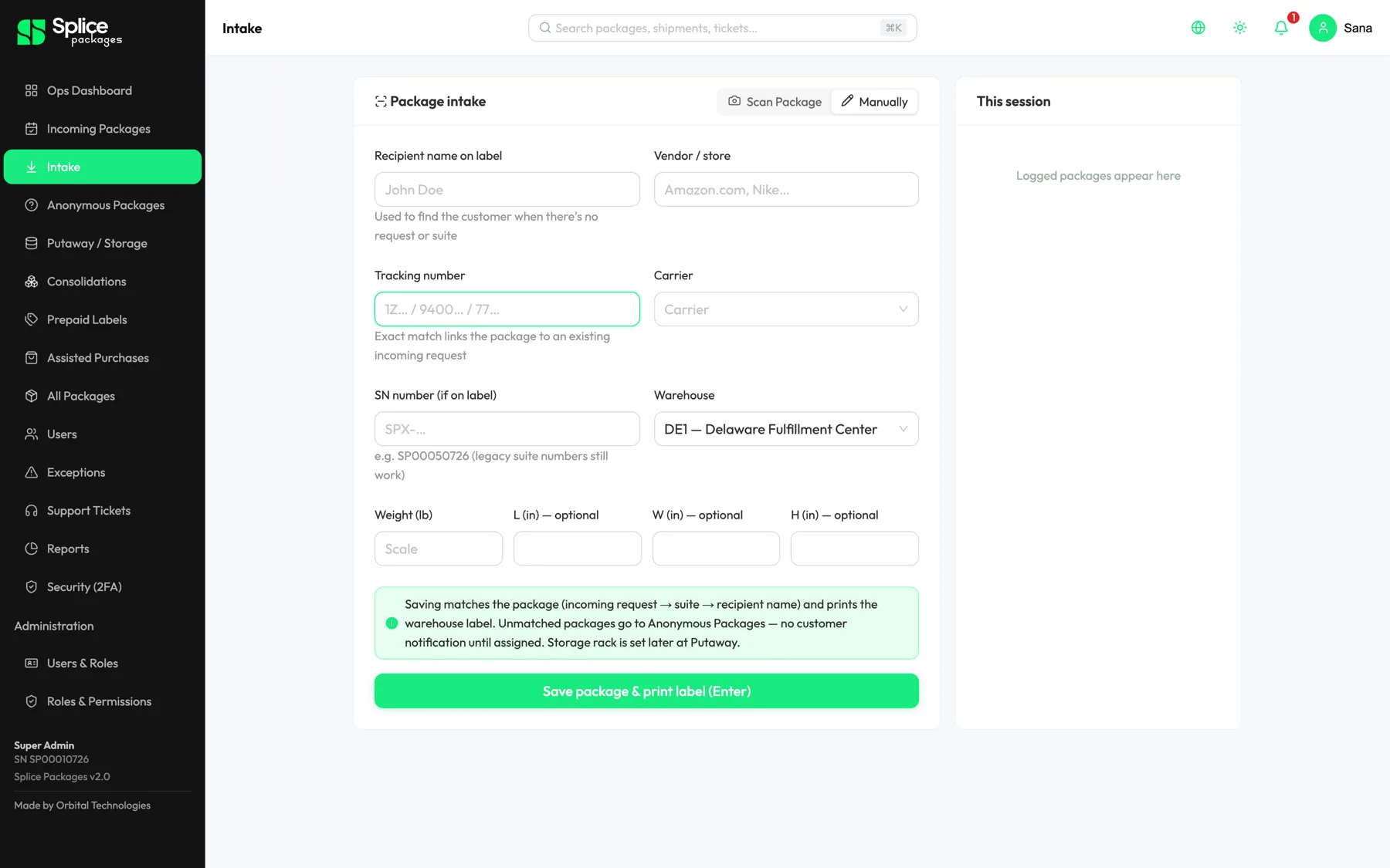 Spiffy intake screen: scan a package, match it to a customer and print the warehouse label