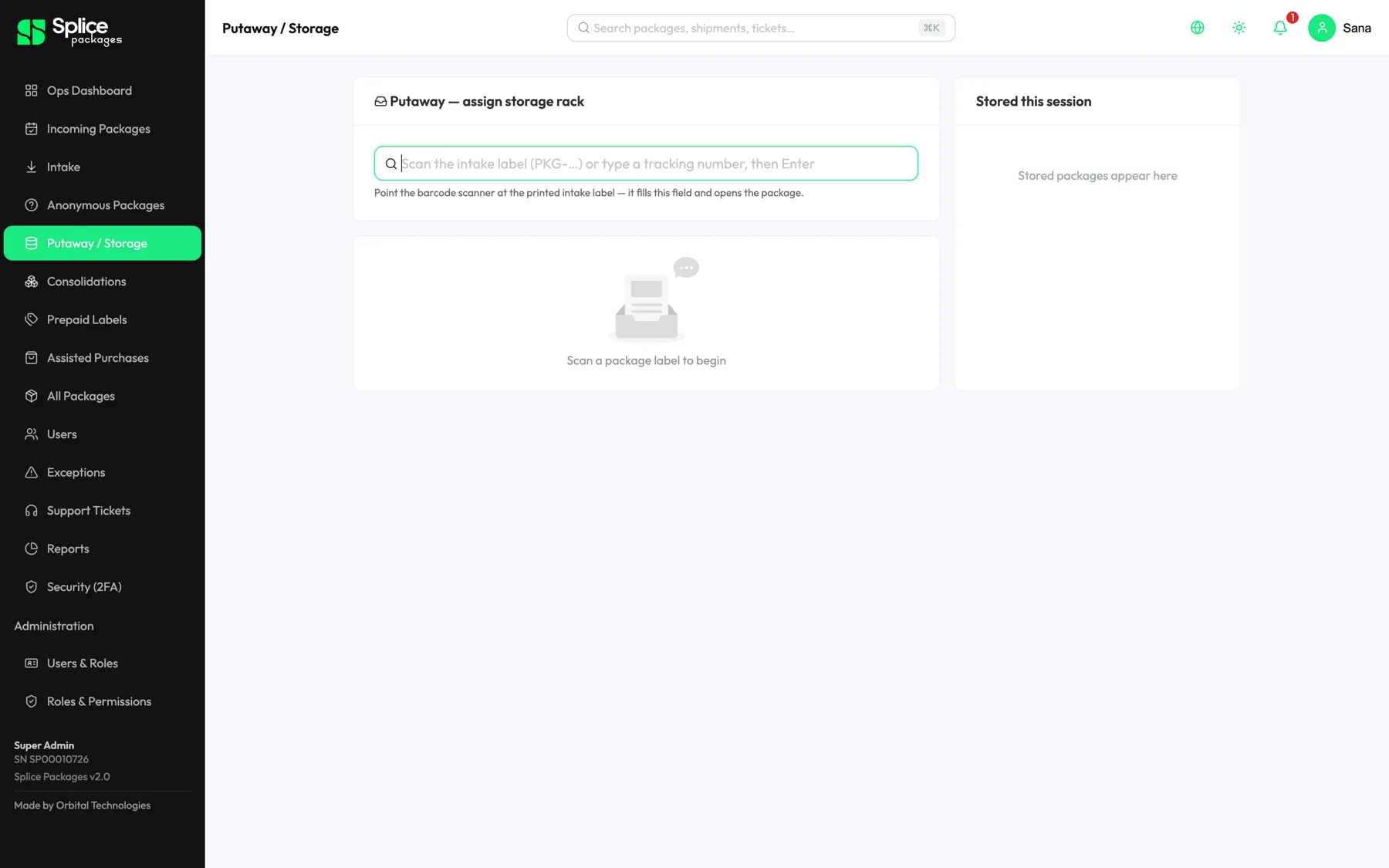 Spiffy putaway screen: scan a package label and assign it to a storage rack
