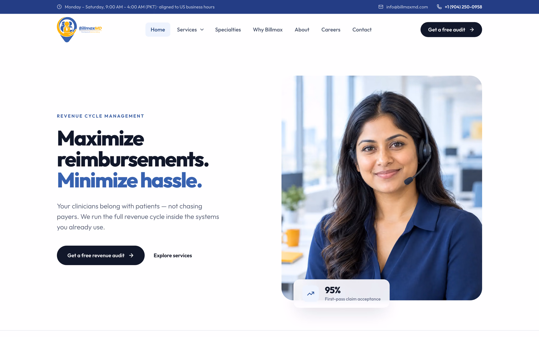 BillMaxMD homepage: Maximize reimbursements, minimize hassle, with a Get a free revenue audit button