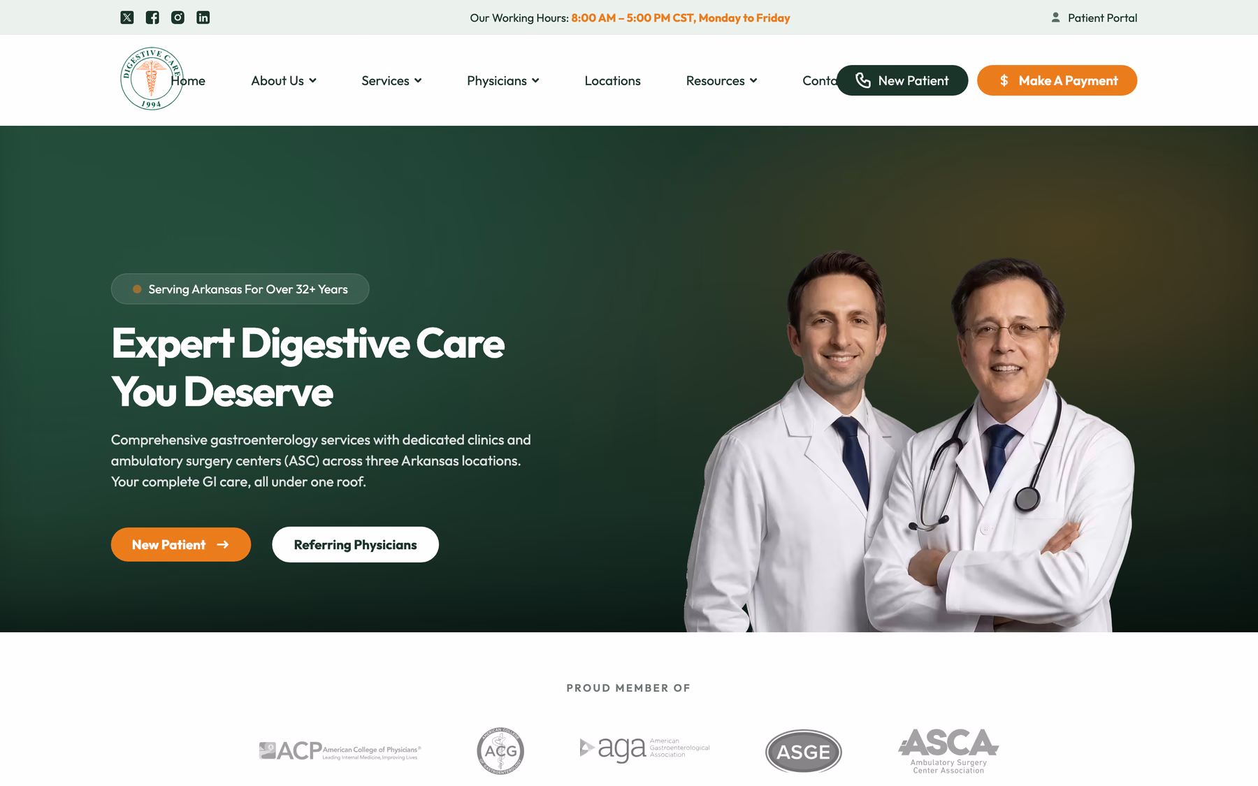 Digestive Care homepage: Expert Digestive Care You Deserve, with New Patient and Referring Physicians buttons
