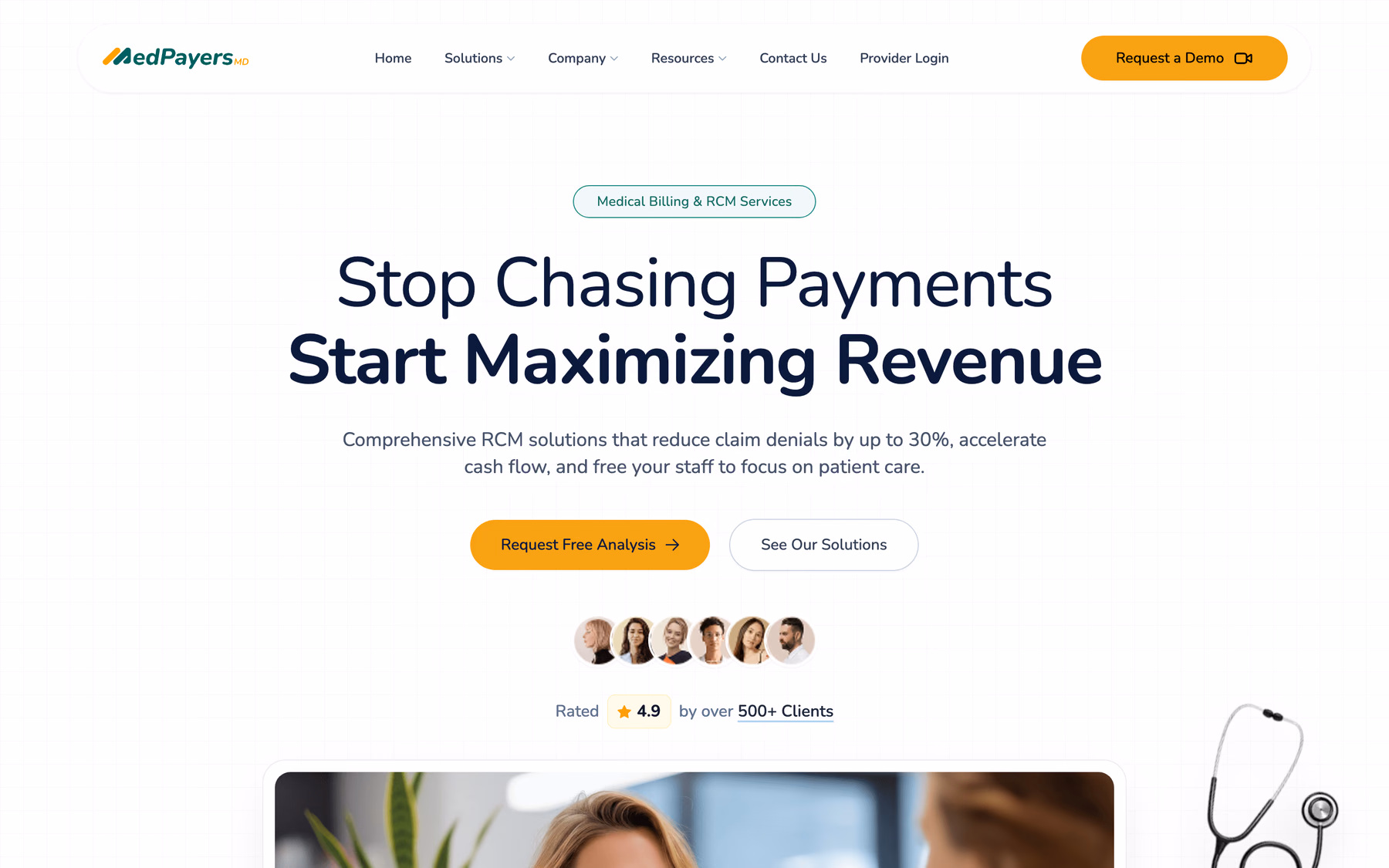 MedPayersMD homepage: Stop Chasing Payments, Start Maximizing Revenue, with a Request Free Analysis button
